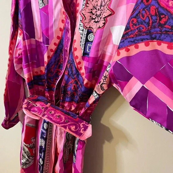 Louis Feraud 80s Vintage Pink 100% Silk Belted Sun Statue Print Dress 10 - Picture 3 of 12